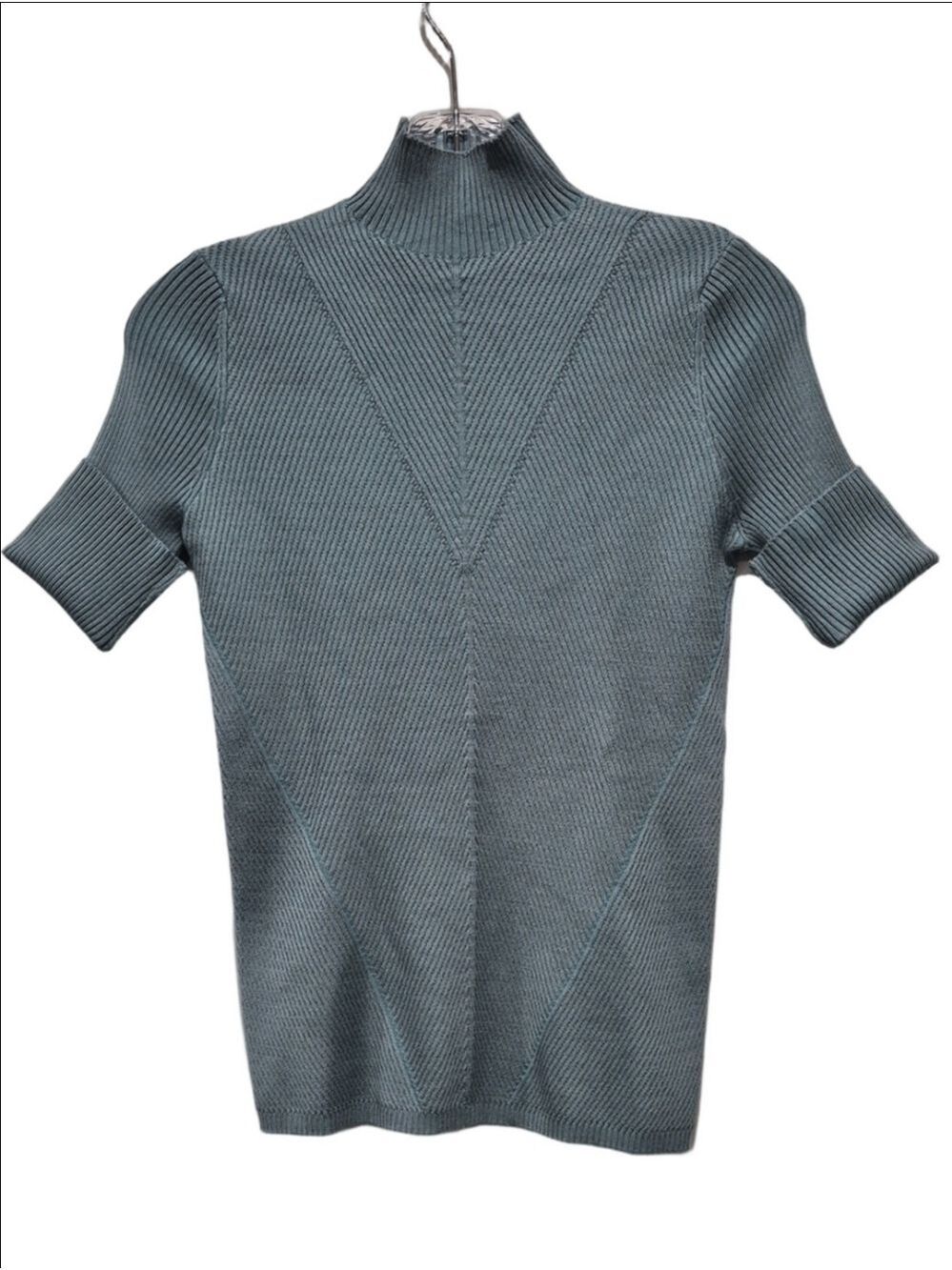 Le Chateau Dusty Teal Chevron Ribbed Mock Neck Knit Sweater Dress PS
